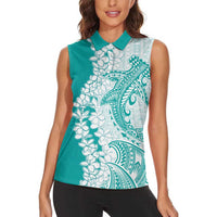 Polynesian Teal Plumeria Lei Women Sleeveless Polo Shirt with Hammerhead Shark LT7 - Polynesian Pride