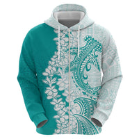 Polynesian Teal Plumeria Lei Zip Hoodie with Hammerhead Shark