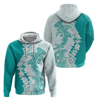 Polynesian Teal Plumeria Lei Zip Hoodie with Hammerhead Shark