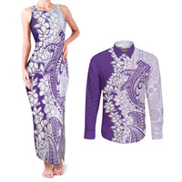 Polynesian Purple Plumeria Lei Couples Matching Tank Maxi Dress and Long Sleeve Button Shirt with Hammerhead Shark
