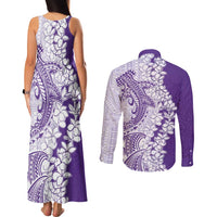 Polynesian Purple Plumeria Lei Couples Matching Tank Maxi Dress and Long Sleeve Button Shirt with Hammerhead Shark