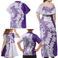 Polynesian Purple Plumeria Lei Family Matching Off Shoulder Maxi Dress and Hawaiian Shirt with Hammerhead Shark