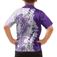 Polynesian Purple Plumeria Lei Family Matching Off Shoulder Short Dress and Hawaiian Shirt with Hammerhead Shark