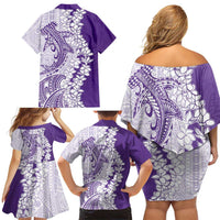 Polynesian Purple Plumeria Lei Family Matching Off Shoulder Short Dress and Hawaiian Shirt with Hammerhead Shark