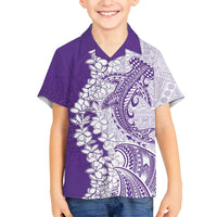 Polynesian Purple Plumeria Lei Family Matching Off Shoulder Short Dress and Hawaiian Shirt with Hammerhead Shark