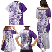 Polynesian Purple Plumeria Lei Family Matching Puletasi and Hawaiian Shirt with Hammerhead Shark