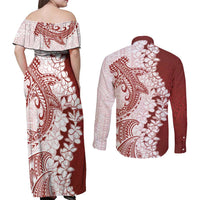 Polynesian Crimson Plumeria Lei Couples Matching Off Shoulder Maxi Dress and Long Sleeve Button Shirt with Hammerhead Shark