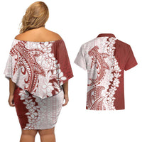 Polynesian Crimson Plumeria Lei Couples Matching Off Shoulder Short Dress and Hawaiian Shirt with Hammerhead Shark