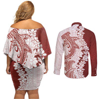 Polynesian Crimson Plumeria Lei Couples Matching Off Shoulder Short Dress and Long Sleeve Button Shirt with Hammerhead Shark