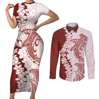 Polynesian Crimson Plumeria Lei Couples Matching Short Sleeve Bodycon Dress and Long Sleeve Button Shirt with Hammerhead Shark