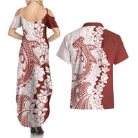 Polynesian Crimson Plumeria Lei Couples Matching Summer Maxi Dress and Hawaiian Shirt with Hammerhead Shark