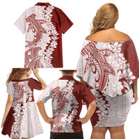 Polynesian Crimson Plumeria Lei Family Matching Off Shoulder Short Dress and Hawaiian Shirt with Hammerhead Shark LT7 - Polynesian Pride