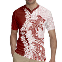 Polynesian Crimson Plumeria Lei Rugby Jersey with Hammerhead Shark