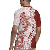 Polynesian Crimson Plumeria Lei Rugby Jersey with Hammerhead Shark