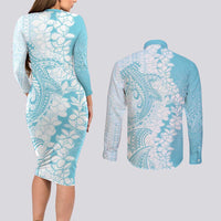 Polynesian Turquoise Plumeria Lei Couples Matching Long Sleeve Bodycon Dress and Long Sleeve Button Shirt with Hammerhead Shark
