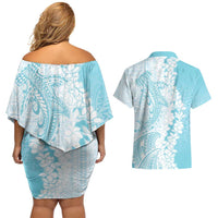 Polynesian Turquoise Plumeria Lei Couples Matching Off Shoulder Short Dress and Hawaiian Shirt with Hammerhead Shark