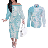 Polynesian Turquoise Plumeria Lei Couples Matching Off The Shoulder Long Sleeve Dress and Long Sleeve Button Shirt with Hammerhead Shark