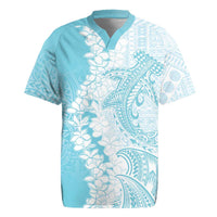 Polynesian Turquoise Plumeria Lei Rugby Jersey with Hammerhead Shark