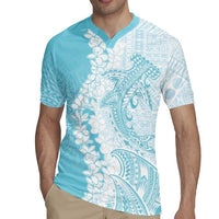 Polynesian Turquoise Plumeria Lei Rugby Jersey with Hammerhead Shark