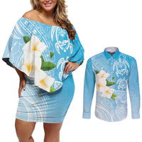 Personalized Guam Chamorro Couples Matching Off Shoulder Short Dress and Long Sleeve Button Shirt Turtles and Guasali Flowers