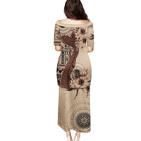 Bula Fiji Family Matching Puletasi and Hawaiian Shirt Shark Tail Beige Masi Tapa