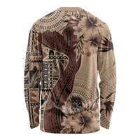 Bula Fiji Long Sleeve Shirt Shark Tail Beige Masi Tapa LT7 - Polynesian Pride