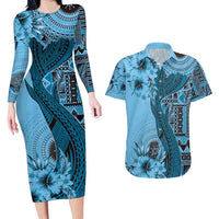 Bula Fiji Couples Matching Long Sleeve Bodycon Dress and Hawaiian Shirt Shark Tail Turquoise Masi Tapa