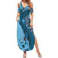Bula Fiji Family Matching Summer Maxi Dress and Hawaiian Shirt Shark Tail Turquoise Masi Tapa