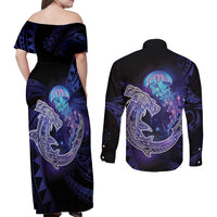 Polynesian Aumakua Couples Matching Off Shoulder Maxi Dress and Long Sleeve Button Shirt Jellyfish with Shark - Polynesian Pride