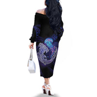 Polynesian Aumakua Family Matching Off The Shoulder Long Sleeve Dress and Hawaiian Shirt Jellyfish with Shark - Polynesian Pride