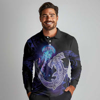 Polynesian Aumakua Long Sleeve Polo Shirt Jellyfish with Shark - Polynesian Pride