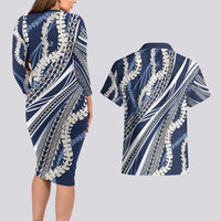 Polynesian Puakeniken Pikake Twisted Lei Couples Matching Long Sleeve Bodycon Dress and Hawaiian Shirt Navy Blue - Polynesian Pride