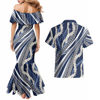 Polynesian Puakeniken Pikake Twisted Lei Couples Matching Mermaid Dress and Hawaiian Shirt Navy Blue LT7 - Polynesian Pride