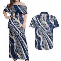 Polynesian Puakeniken Pikake Twisted Lei Couples Matching Off Shoulder Maxi Dress and Hawaiian Shirt Navy Blue LT7 Navy Blue - Polynesian Pride