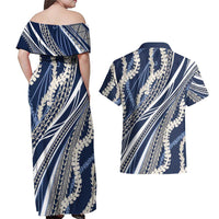 Polynesian Puakeniken Pikake Twisted Lei Couples Matching Off Shoulder Maxi Dress and Hawaiian Shirt Navy Blue LT7 - Polynesian Pride