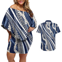 Polynesian Puakeniken Pikake Twisted Lei Couples Matching Off Shoulder Short Dress and Hawaiian Shirt Navy Blue LT7 Navy Blue - Polynesian Pride
