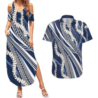Polynesian Puakeniken Pikake Twisted Lei Couples Matching Summer Maxi Dress and Hawaiian Shirt Navy Blue LT7 Navy Blue - Polynesian Pride