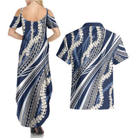 Polynesian Puakeniken Pikake Twisted Lei Couples Matching Summer Maxi Dress and Hawaiian Shirt Navy Blue LT7 - Polynesian Pride