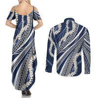 Polynesian Puakeniken Pikake Twisted Lei Couples Matching Summer Maxi Dress and Long Sleeve Button Shirt Navy Blue - Polynesian Pride