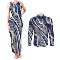 Polynesian Puakeniken Pikake Twisted Lei Couples Matching Tank Maxi Dress and Long Sleeve Button Shirt Navy Blue - Polynesian Pride