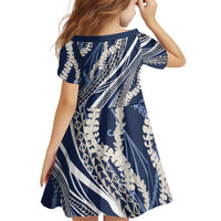 Polynesian Puakeniken Pikake Twisted Lei Family Matching Long Sleeve Bodycon Dress and Hawaiian Shirt Navy Blue - Polynesian Pride