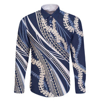 Polynesian Puakeniken Pikake Twisted Lei Family Matching Long Sleeve Bodycon Dress and Hawaiian Shirt Navy Blue - Polynesian Pride