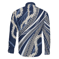 Polynesian Puakeniken Pikake Twisted Lei Family Matching Long Sleeve Bodycon Dress and Hawaiian Shirt Navy Blue - Polynesian Pride