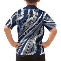 Polynesian Puakeniken Pikake Twisted Lei Family Matching Off The Shoulder Long Sleeve Dress and Hawaiian Shirt Navy Blue - Polynesian Pride