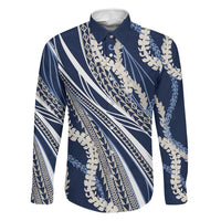 Polynesian Puakeniken Pikake Twisted Lei Family Matching Off The Shoulder Long Sleeve Dress and Hawaiian Shirt Navy Blue LT7 Dad's Shirt - Long Sleeve Navy Blue - Polynesian Pride