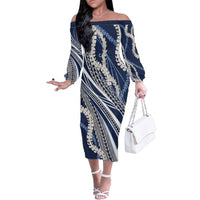 Polynesian Puakeniken Pikake Twisted Lei Family Matching Off The Shoulder Long Sleeve Dress and Hawaiian Shirt Navy Blue - Polynesian Pride