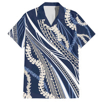 Polynesian Puakeniken Pikake Twisted Lei Family Matching Off Shoulder Maxi Dress and Hawaiian Shirt Navy Blue - Polynesian Pride