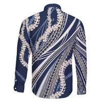 Polynesian Puakeniken Pikake Twisted Lei Family Matching Off Shoulder Maxi Dress and Hawaiian Shirt Navy Blue - Polynesian Pride