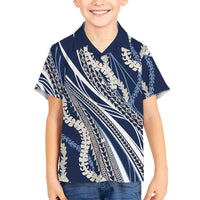 Polynesian Puakeniken Pikake Twisted Lei Family Matching Off Shoulder Maxi Dress and Hawaiian Shirt Navy Blue - Polynesian Pride