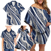 Polynesian Puakeniken Pikake Twisted Lei Family Matching Off Shoulder Short Dress and Hawaiian Shirt Navy Blue - Polynesian Pride